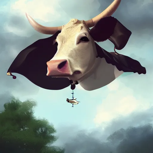 Image similar to digital art, trending on artstation, a cow wearing a cape flying in the sky with clouds