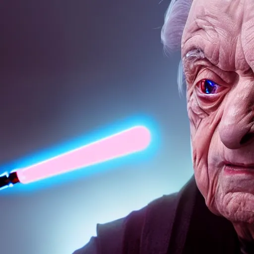 Image similar to Portrait of George Soros as darth sidious from star wars, splash art, movie still, cinematic lighting, dramatic, octane render, long lens, shallow depth of field, bokeh, anamorphic lens flare, 8k, hyper detailed, 35mm film grain