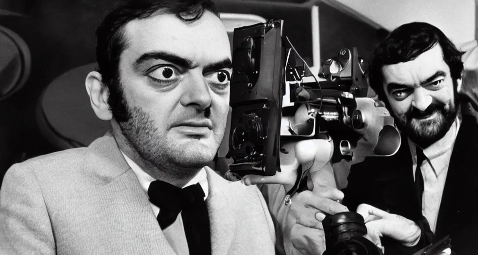 Image similar to a 1960s portrait photo of Stanley Kubrick on a movie set of the moon, 8K HD, old photo, highly detailed