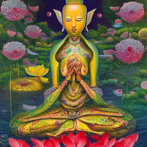 Prompt: a beautiful surrealist painting of a 1 0 0 0 armed quan yin robot sitting in prayer in the lotus garden in the style of hanna yata, digital art h 1 0 2 4