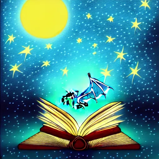 Image similar to dragon reading a book underneath the stars, digital art