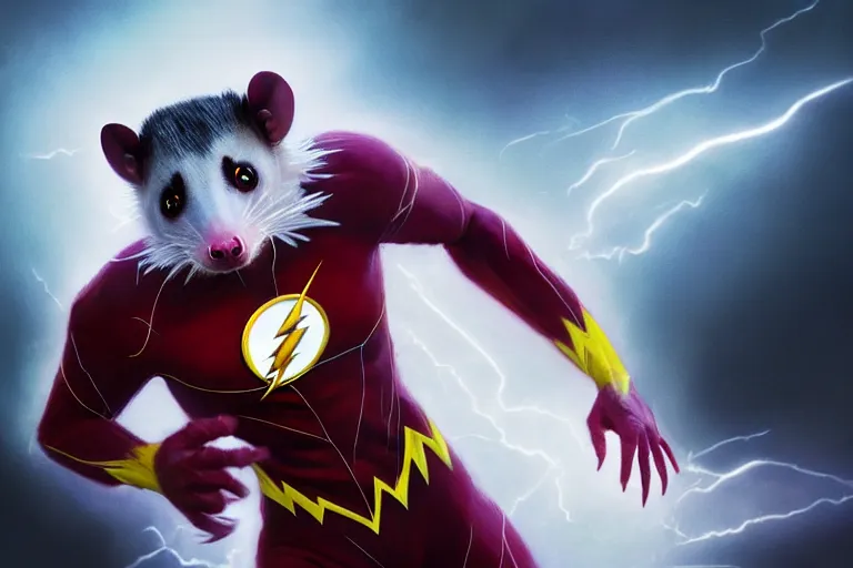 Image similar to a stunning digital painting of a opossum as the flash in spandex costume, running in the speedforce by greg rutkowski, volumetric light, digital art, fine detail, photorealistic