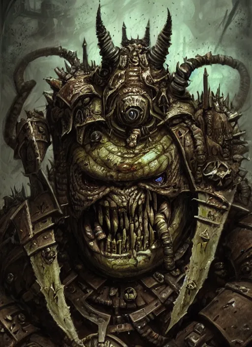 Prompt: portrait of a nurgle smiling, intricate, warhammer, warhammer 4 0 k, highly detailed, digital painting, concept art, sharp focus, illustration, muted colors, grim dark, moody, gloomy, art by john blanche, by pedro nunez, by jaime martinez, by nacho molina