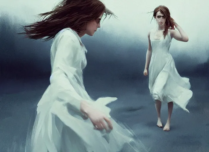 Image similar to emma watson white dress girl chasing from grim reaper, messy hair, messy lines, scared face, dramatic situation, specular reflection, occlusion shadow, intricate, bokeh, by ilya kuvshinov and jeremy lipking and quentin mabille