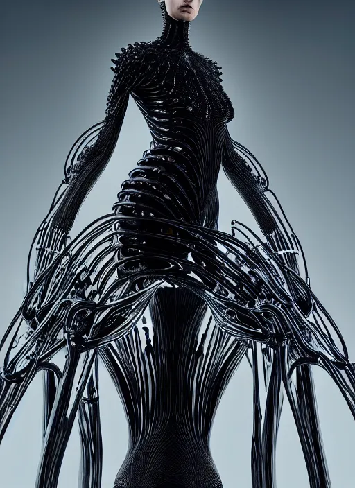 Image similar to catwalk, iris van herpen gothic inflateble dark dress, perfect symmetrical body, helmet on face, full body shot, inflateble shapes, wires, tubes, veins, jellyfish, white biomechanical details, wearing epic bionic cyborg implants, masterpiece, intricate, biopunk, vogue, highly detailed, artstation, concept art, cyberpunk, octane render