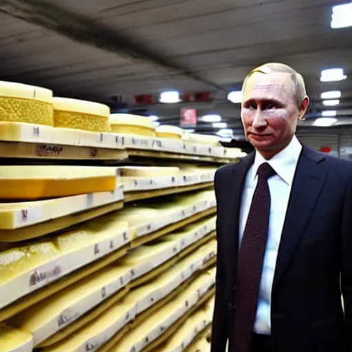 Prompt: vladimir putin visiting a cheese market