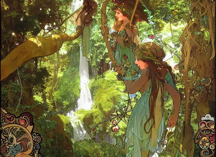 Image similar to bird's eye view, magical forest with a waterfall, lush trees, three fairies dancing around a maypole, magical, vivid colors, rule of thirds, a fantasy digital painting by alphonse mucha and john william waterhouse, trending on artstation, highly detailed, sharp lines