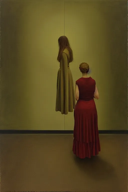 Image similar to woman and woman, in the void, by the mirror, station, james gillard, zdislav bexinski, high detail alex colville, otto mueller, stephen conroy, andrea kowch, andrew newell wyeth, daniel meidman jussi picho octane rendering