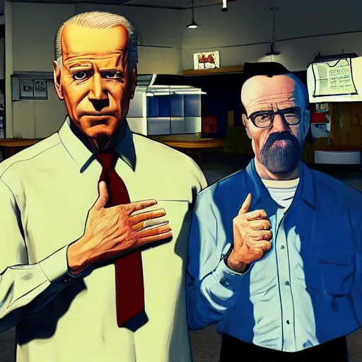 Image similar to Joe biden and Walter White in Los Pollos Hermanos in GTA V, cover by Bob ross, artstation, no text