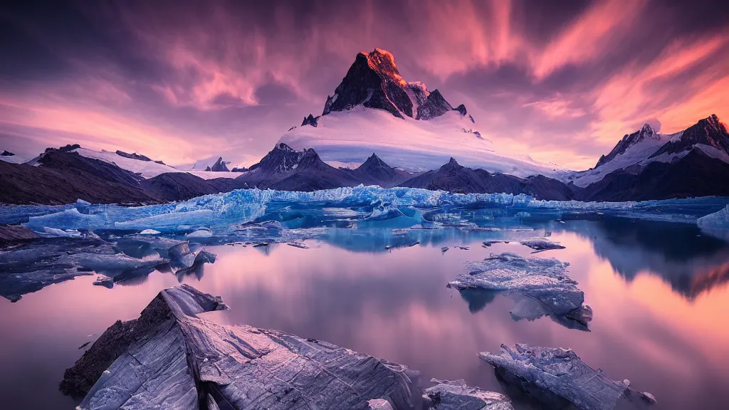 Image similar to amazing landscape photo of a glacier with lake in sunset by marc adamus, beautiful dramatic lighting