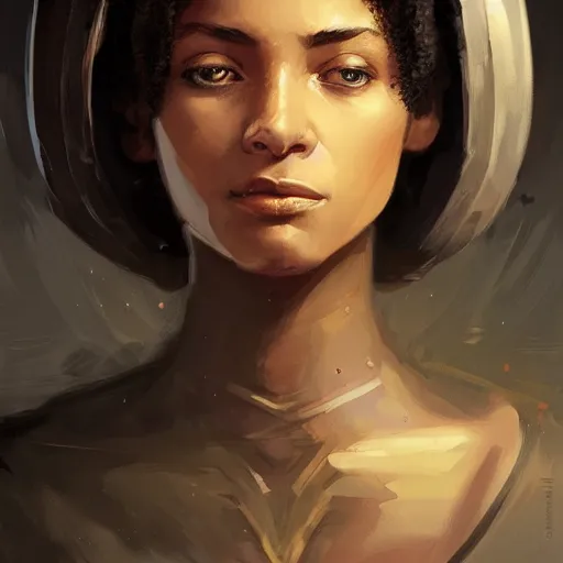 Image similar to portrait of a woman by greg rutkowski, young jedi knight, black, afro hair, pretty, star wars expanded universe, she is about 2 0 years old, wearing jedi robes, highly detailed portrait, digital painting, artstation, concept art, smooth, sharp foccus ilustration, artstation hq