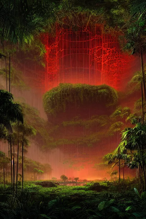 Prompt: a swampy tropical forest with red lightning bugs flying around a ancient mayan ruin designed by zaha hadid, tone mapped, shiny, intricate, cinematic lighting, highly detailed, digital painting, artstation, concept art, smooth, sharp focus, illustration, art by arthur haas and bruce pennington and john schoenherr