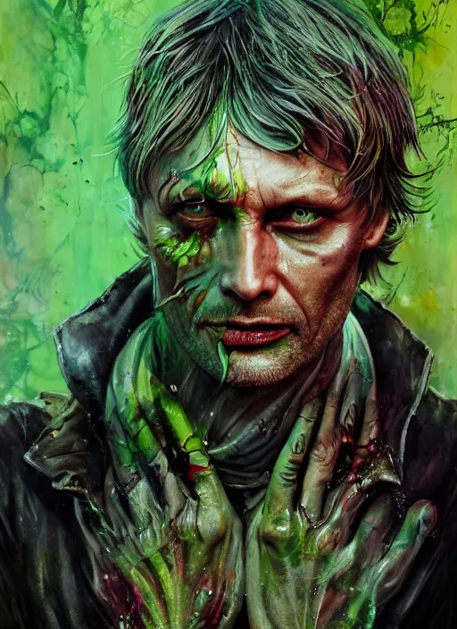 Image similar to a Demon Slayer portrait of Mads Mikkelsen, tall, pale-skinned, slender with lime green eyes and long eyelashes by Stanley Artgerm, Tom Bagshaw, Arthur Adams, Carne Griffiths, trending on Deviant Art, street art, face enhance, chillwave, maximalist, full of color, glittering