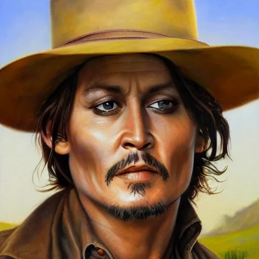 Image similar to ultra realistic portrait painting of johnny depp as farmer, art by frank frazetta, 4 k, ultra realistic, highly detailed, epic lighting