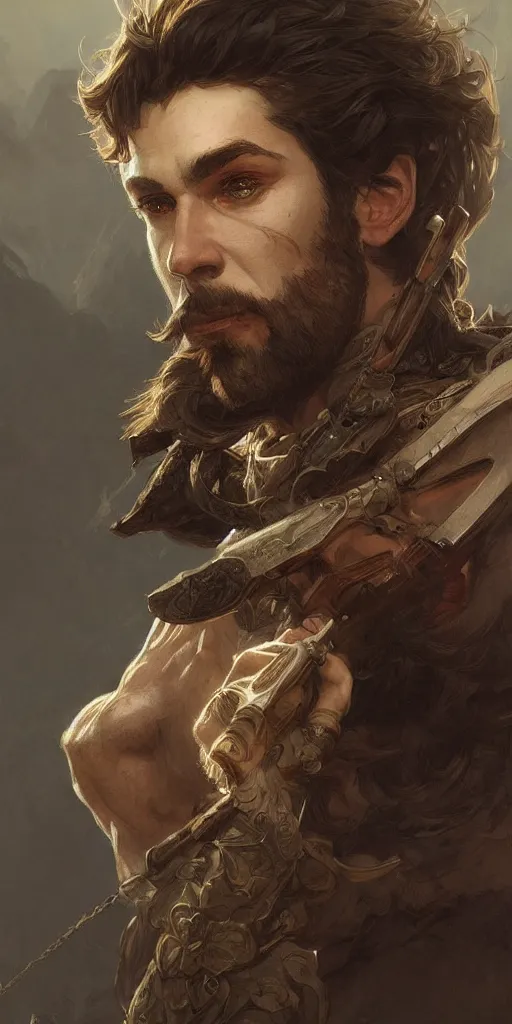 Prompt: portrait of a handsome, rugged ranger, D&D, fantasy, intricate, elegant, highly detailed, digital painting, artstation, concept art, smooth, sharp focus, illustration, art by artgerm and greg rutkowski and alphonse mucha