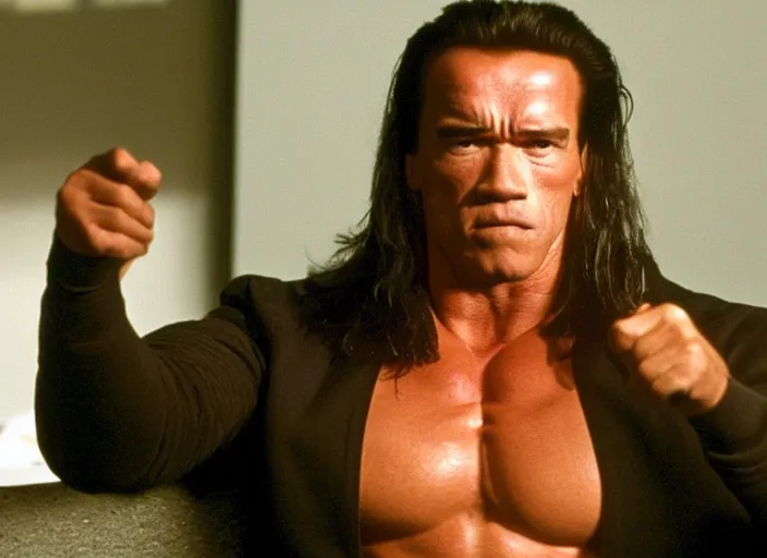 Image similar to arnold schwarzenegger in a still from the movie The Room (2003)