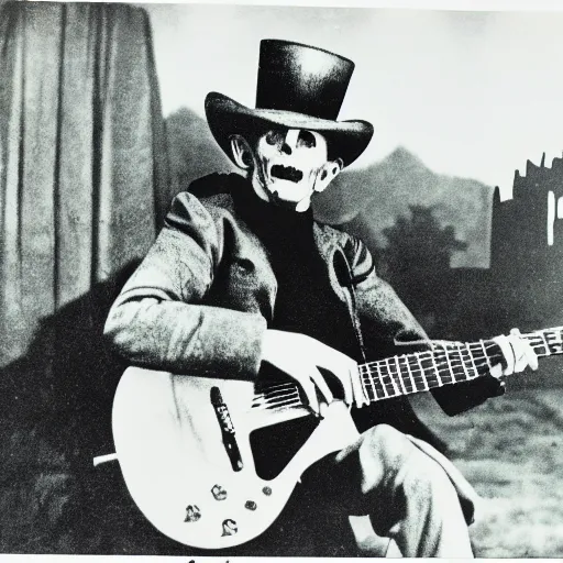 Image similar to vintage photograph of count orlok outside his castle, playing the blues on guitar, castle in the background, 4 k