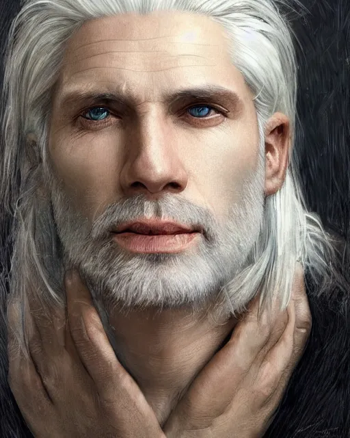 Image similar to portrait of 4 0 - year - old man with white hair with a pale complexion, pointed face and grey eyes, clear smooth face, no beard wearing black clothes, hyper realistic face, beautiful eyes, close up, fantasy art, in the style of greg rutkowski, intricate, alphonse mucha, hyper detailed, smooth