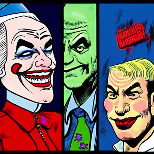 Prompt: portrait of Benjamin Netanyahu as the Joker and Sara Netanyahu as Harley Quinn, Neal Adams style ,Brian Bolland style