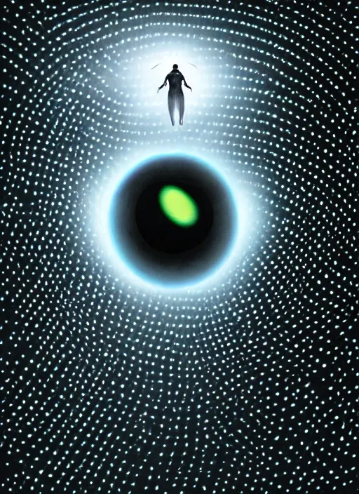 Image similar to Humanoid black hole, alien technology, see through, space