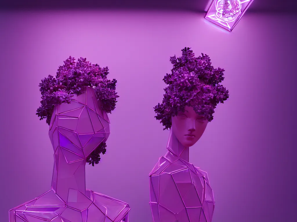 Image similar to beautiful mannequin sculpted out of amethyst by billelis + lit with geometric neon + iridescent geometric cubed bonsai plants!!!!, doorway opening with neon pink geometric light, clean linework, dramatic, finely detailed, rule of thirds, moody, award winning, 4 k, trending on artstation, photorealistic, volumetric lighting, octane render