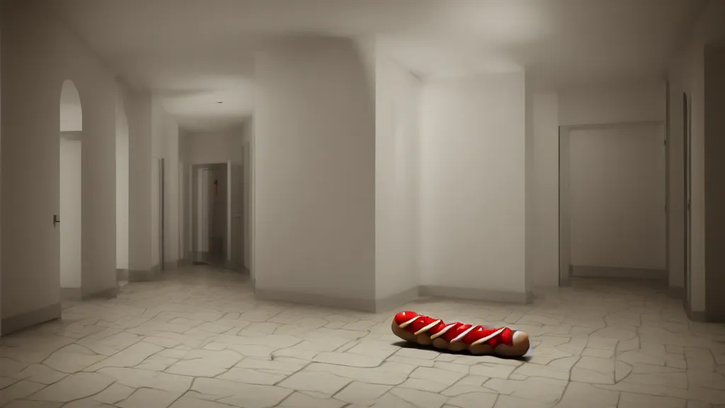 Image similar to 3d render of a hotdog floating ominously in a hallway