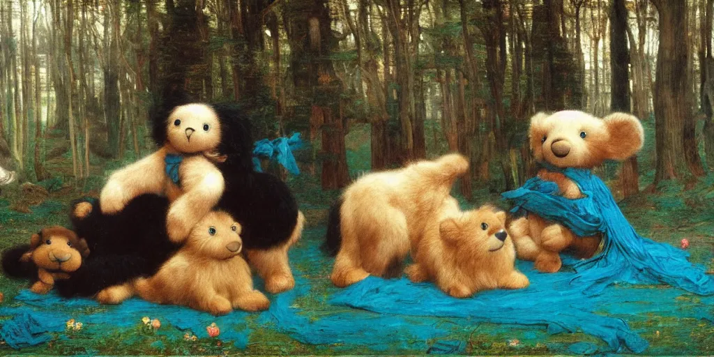 Prompt: 3 d precious moments plush animal, realistic fur, stuffed animal, teal, deep blue, storm, graves, night, master painter and art style of john william waterhouse and caspar david friedrich and philipp otto runge