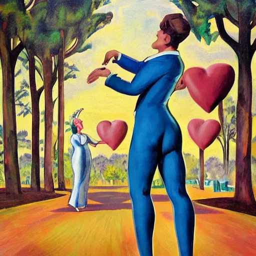 Image similar to a giantess man with a giant woman dancing together, enormous, big, by enoch bolles, digital art, trees, houses, street, hearts