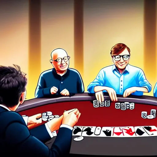 Prompt: UHD photorealistic Elon Musk playing poker with Satoshi Nakamoto, Klaus Schwab, and Bill Gates, hyperrealistic, correct details, symmetrical faces, accurate faces,