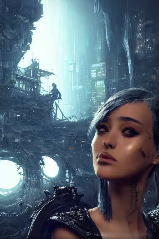 Image similar to beautiful game on unreal engine 5 about modern pirates, intricate transhuman, dystopian cyberpunk, eyelashes, extremely detailed, digital painting, sculpted in zbrush, artstation, concept art, smooth, sharp focus, illustration, chiaroscuro soft lighting, golden ratio, rule of thirds, fibonacci, lots of reflective surfaces, subsurface scattering, Style as if Tsutomu Nihei and by Steven Belledin make game on Unreal Engine 5, biopunk art, vivid color tones, beautiful and horrible