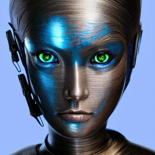 Prompt: portrait of a female android made of steel, face completely covered in phthalo blue filigree, glowing blue eyes, filigree, elegant, sharp focus, graceful, master crafted, trending on artstation, award winning, beauty,