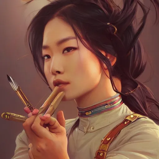 Image similar to a fierce yet beautiful Asian woman wearing overalls, highly detailed, digital painting, artstation, concept art, sharp focus, illustration, cinematic lighting, art by artgerm and greg rutkowski and alphonse mucha