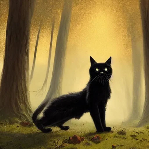 Prompt: a black cat looking curiously, there is a forest in the background, texture, intricate, details, highly detailed, greg rutkowski style, masterpiece, architecture, building, trending on artstation, focus, sharp focus, concept art, digital painting, fantasy, sunny, day, golden hour