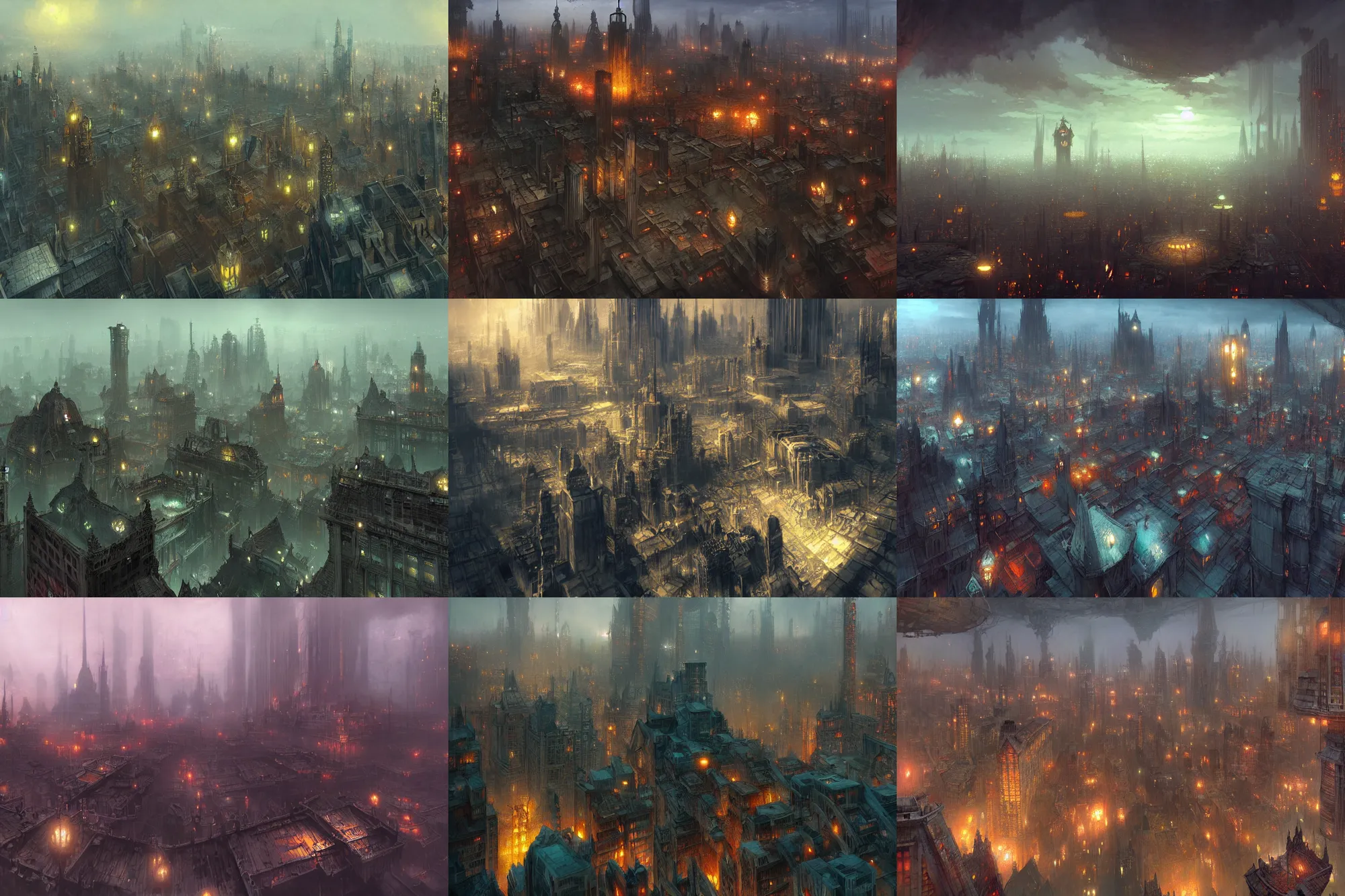 Prompt: eerie but beautiful dream city unknown kadath, bird's eye view, extremely detailed, in the style of Craig Mullins and Marc Simonetti,