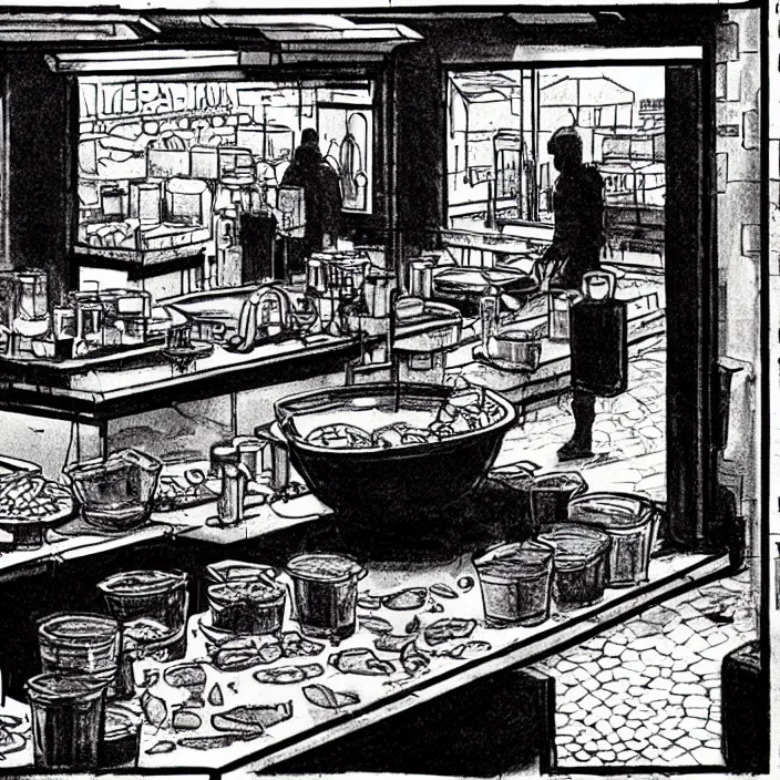 Image similar to close - up on poor quality food, water, and gruel : on a table. background : insterior of a dirty automated kiosk, black tiles on walls. black and white, pencil and ink. by gabriel hardman, joe alves, chris bonura. cinematic atmosphere, detailed and intricate, perfect anatomy