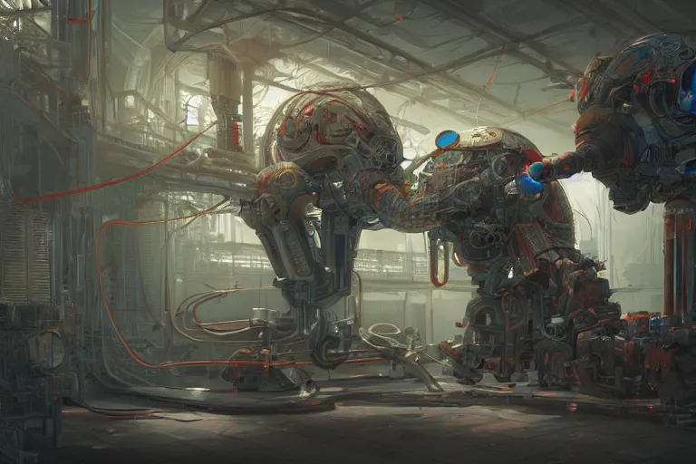 Image similar to hyperrealistic photography of a machine entering a female host in the style of Jin Kagetsu, James Jean and wlop, highly detailed, sharp focus, intricate concept art, digital painting, ambient lighting, 4k, artstation