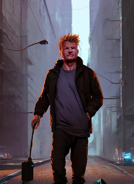 Image similar to Highly detailed full-body portrait of homeless Gordon ramsay, in GTA V, Stephen Bliss, unreal engine, fantasy art by Greg Rutkowski, Loish, Rhads, Makoto Shinkai and Lois van baarle, ilya kuvshinov, rossdraws global illumination, radiant light, detailed and intricate environment