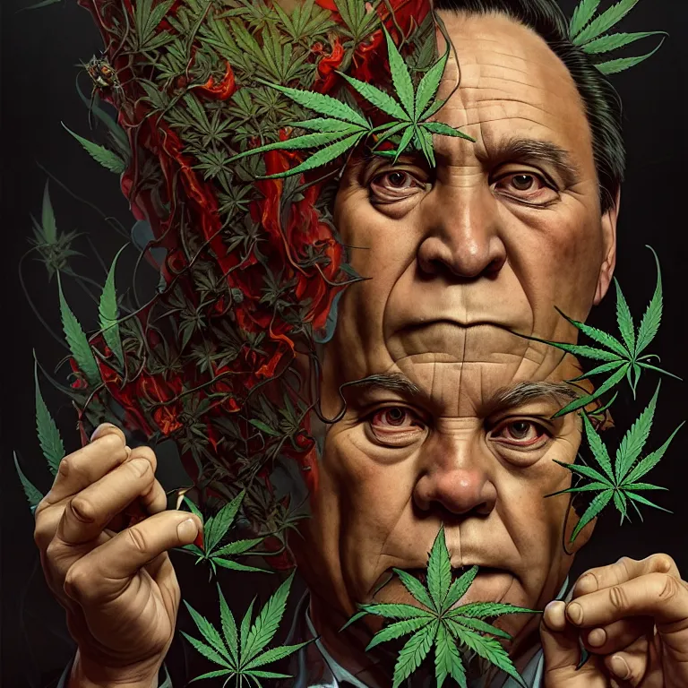 Image similar to a portrait of a cannabis devil premier francois legault in 2 0 2 1 illustrated by miyazaki by karol bak, james jean, tom bagshaw, rococo, sharp focus, trending on artstation, cinematic lighting, hyper realism, octane render, 8 k, hyper detailed, vivid, ultra detailed, highly detailed