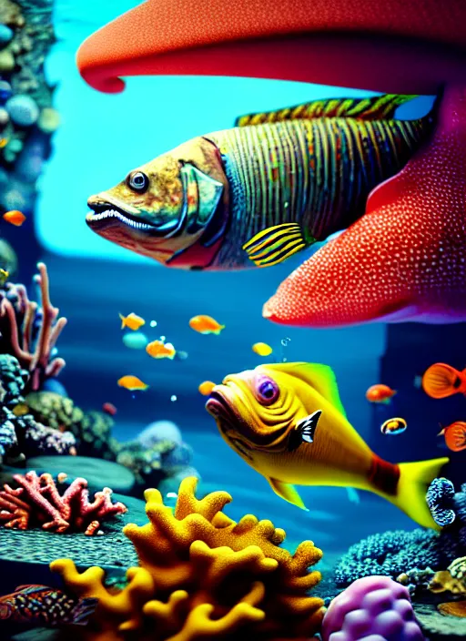 Prompt: hyperrealism, detailed textures, photorealistic 3 d render, an underwater scene with brightly coloured fish smoking cigars, brightly coloured coral, ultra realistic, ultra high pixel detail, cinematic, intricate, cinematic light, octane render, concept art, illustration, captured on canon eos r 6, art station, unreal engine 8 k