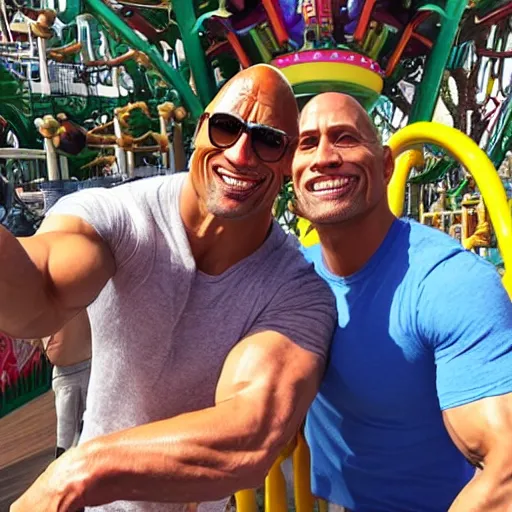 Prompt: dwayne Johnson and jerma985 selfie photograph at amusement park