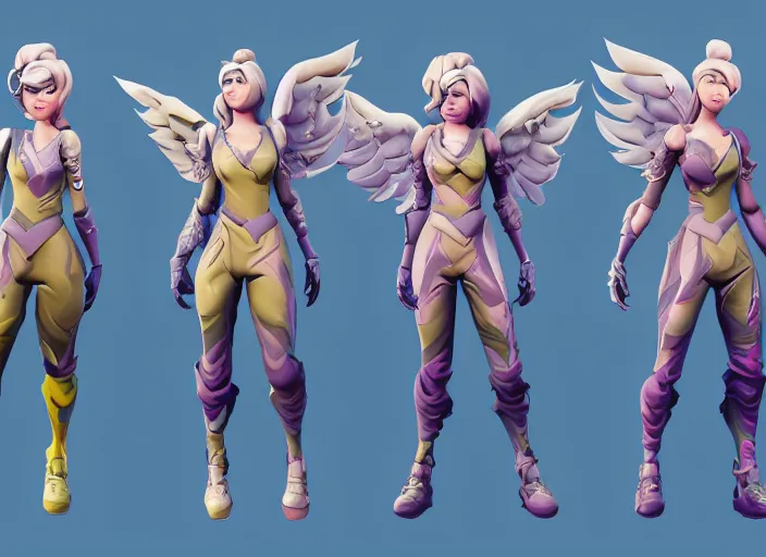 Prompt: character design sheet illustrated by Sam Werczler , fortnite game , a female with wings ,angels from heaven, suit