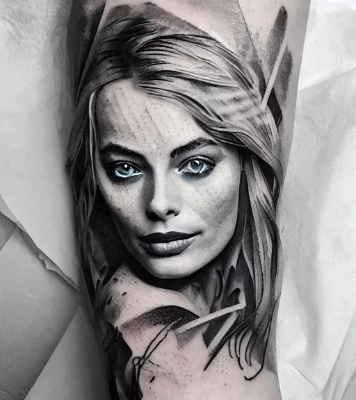 Image similar to tattoo design sketch double exposure of margot robbie faded in beautiful mountain scenery, creative mash up, in the style of arlo dicristina, surrealist, amazing detail, sharp