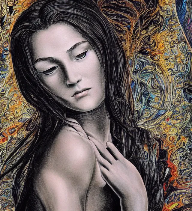 Prompt: religious art vibrant drawing painting of a beautiful girl portrait in alex ross frank miller gantz miura kentaro giger escher style detailed trending award winning