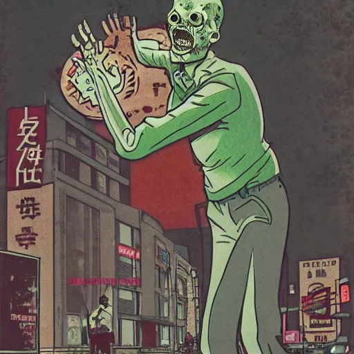 Image similar to glossy old advertising poster of a man turning into a zombie, busy street corner, horror, drawn comic by junji ito, pastels, gradient,