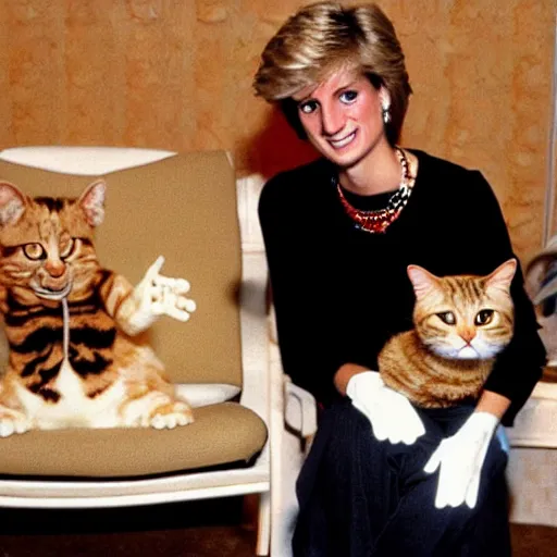 Image similar to a photo of Princess Diana meeting comic character Garfield the cat, 1990s, Jim Davis