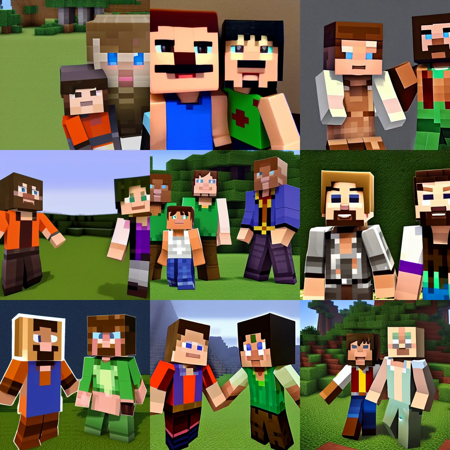 Prompt: photo of Steve and a villager from Minecraft and as real human people detailed faces holding wooden swords