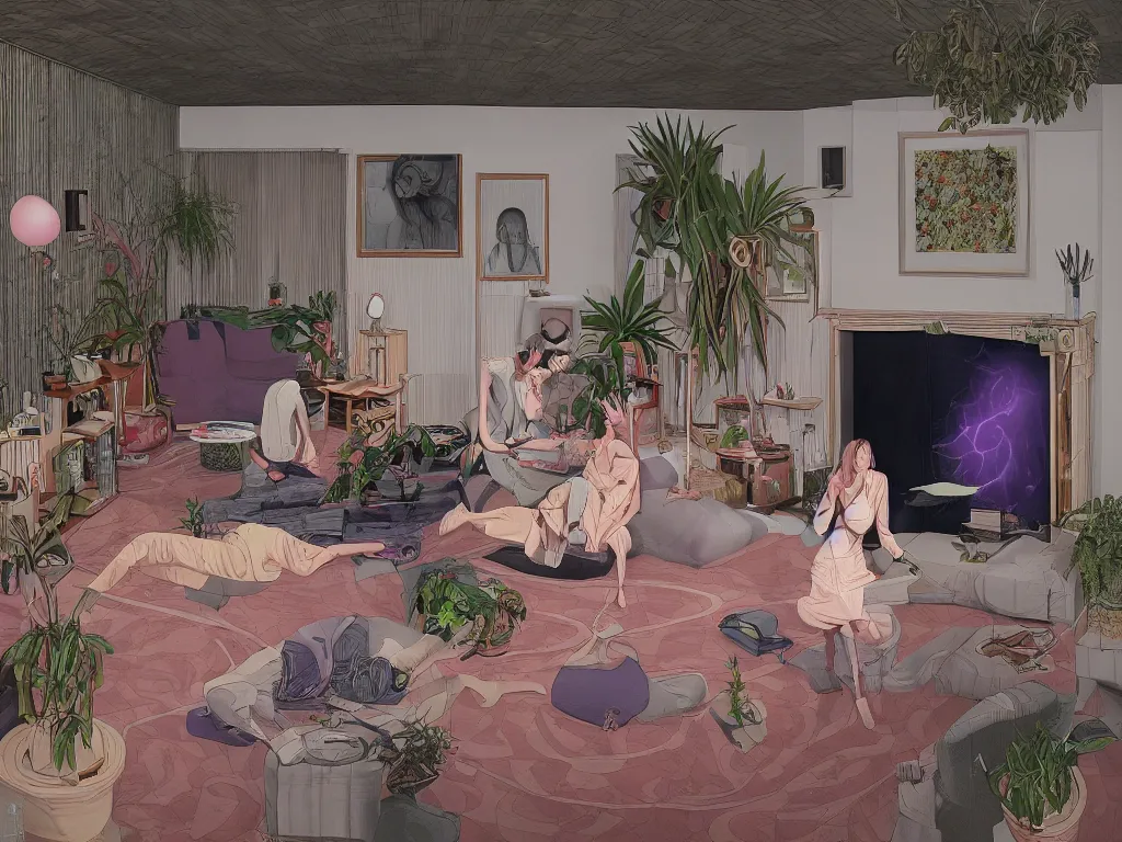 Prompt: realistic detailed image of one woman start to bounce in a living room of a house, floating dark energy surrounds the middle of the room. There is one living room plant to the side of the room, by martine johanna and moebius