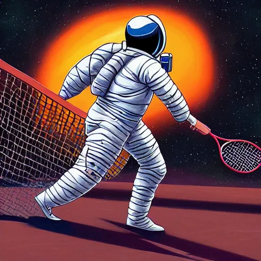 Prompt: beautiful painting of an astronaut playing tennis by Dan Mumford, action shot, trending on artstation