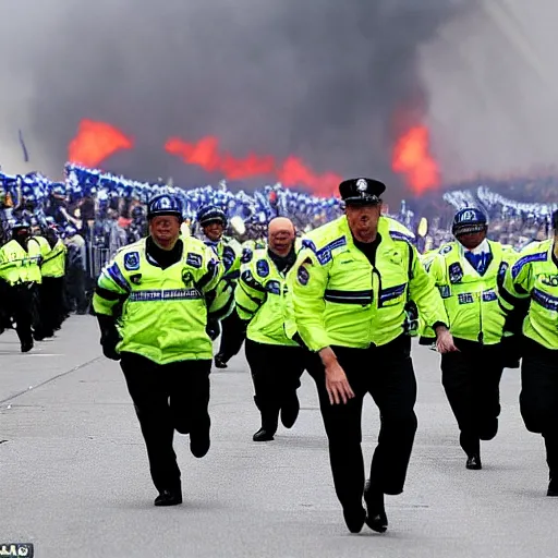 Image similar to donald trump running from policemen that are chasing him behind him, helicopters and explosions in the background