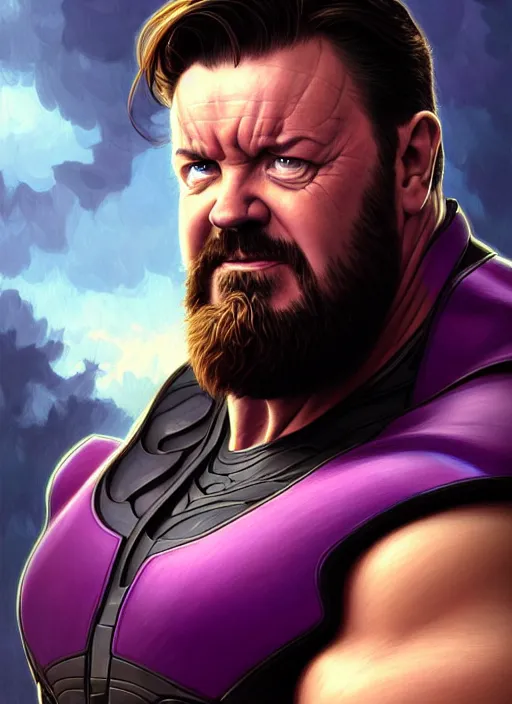 Prompt: portrait of ricky gervais as thanos, muscular! fantasy, intricate, elegant, highly detailed, digital painting, artstation, concept art, smooth, sharp focus, illustration, art by artgerm and greg rutkowski and alphonse mucha